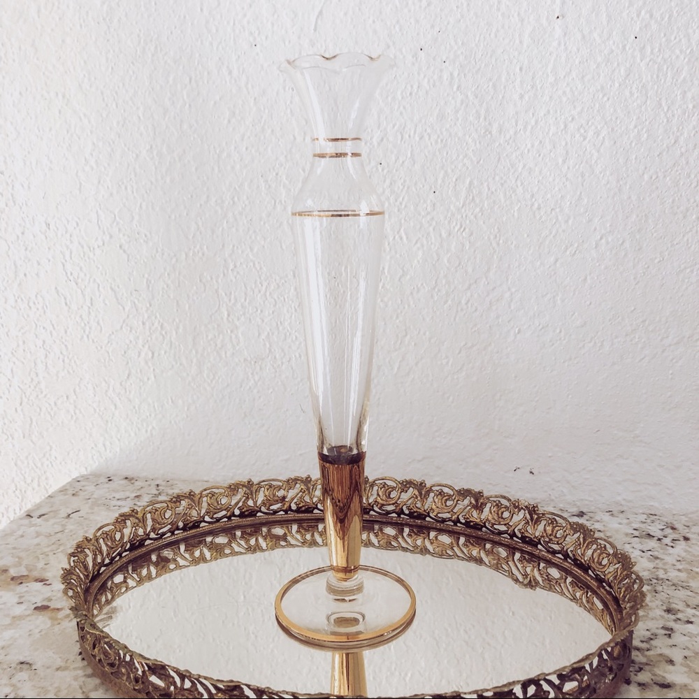 Vintage Mid Century Gold Trim Scalloped Edge Glass Bud Vase